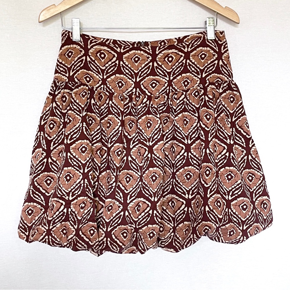 lola Reddish-Brown & Peach-Tan Batik Patterned Cotton Bubble Mini Skirt M